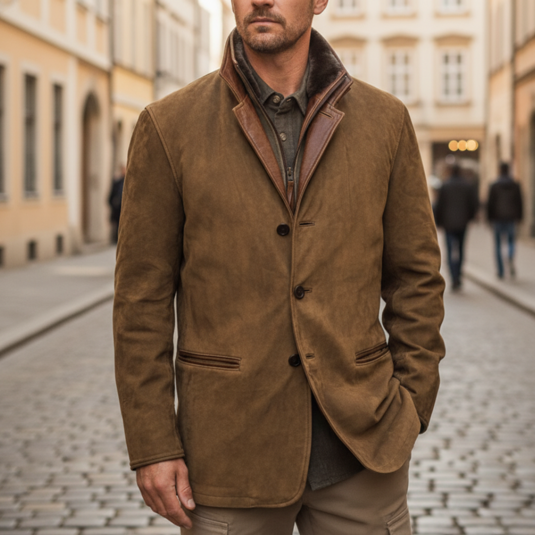 Men's winter suede jacket brown faux leather collar slim fit internal zipper cold weather