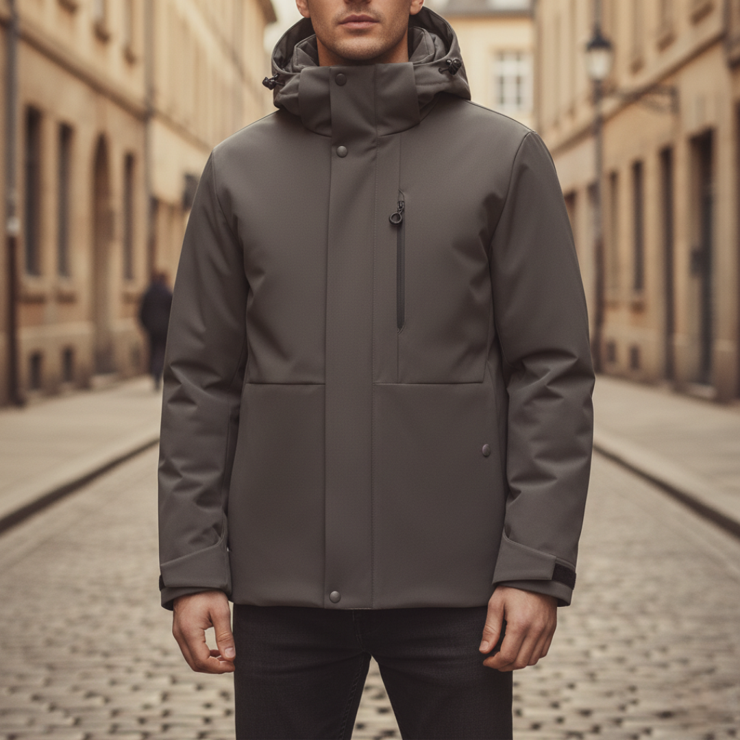 Men's yellow waterproof jacket adjustable hood all-weather durable polyester modern fit outdoor style