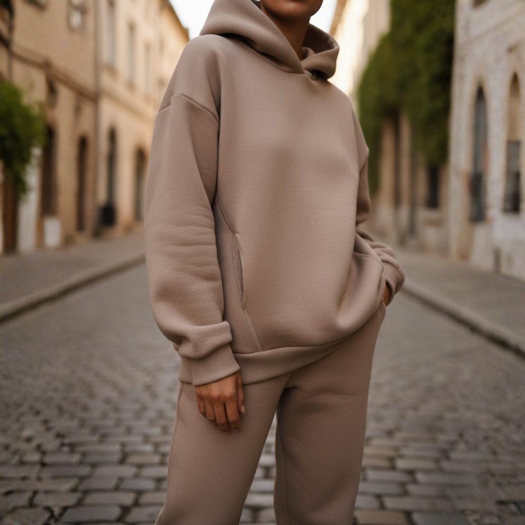 Women's hooded jumpsuit mixed fabric elegant sporty relaxed fit coordinated set