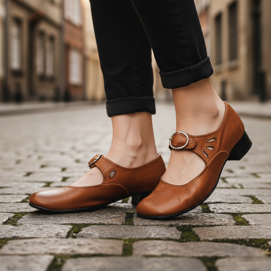 Women's eco-leather low heel office shoes with buckle strap, available in black, brown, navy, and red