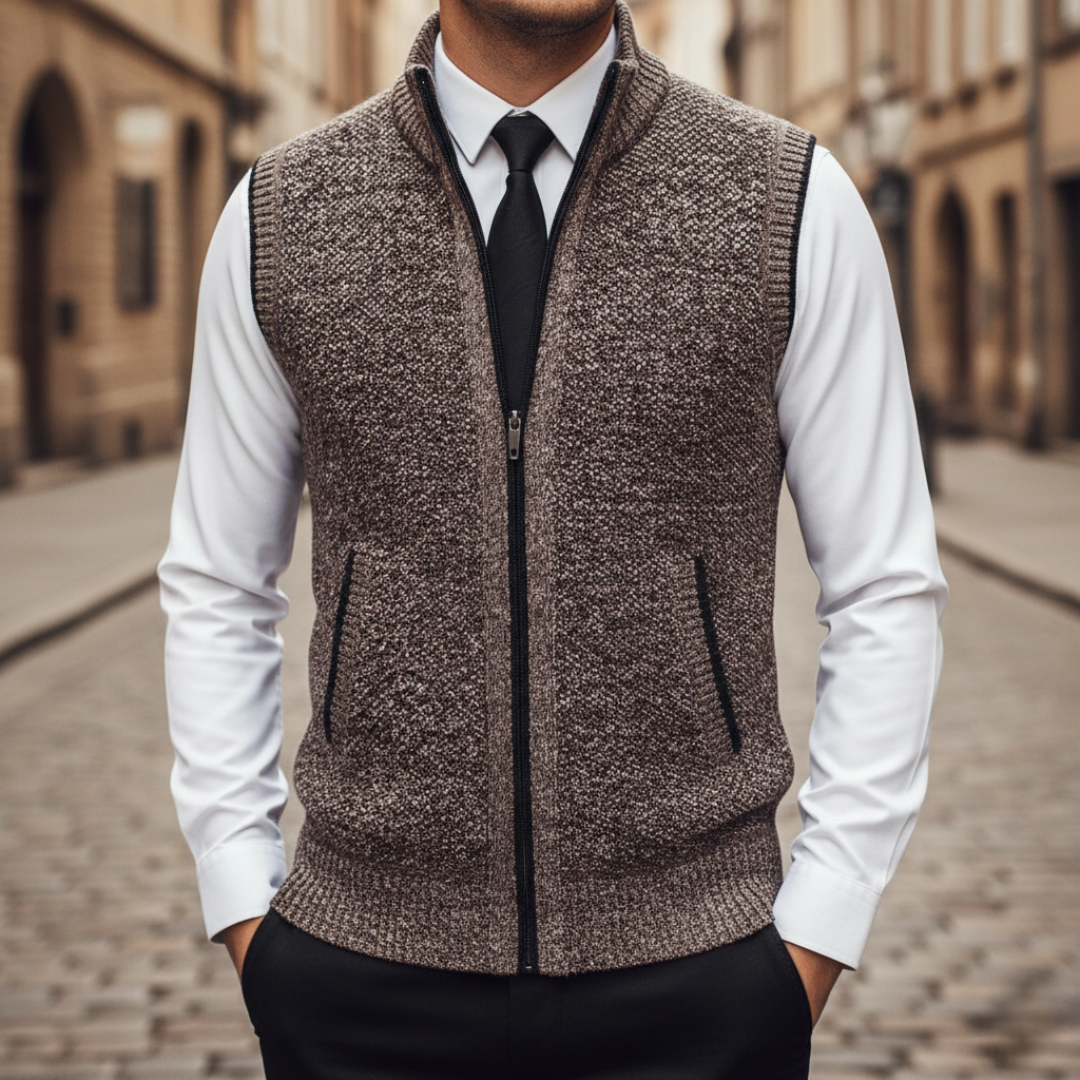 Men's wool zip sweater vest high collar gray black maroon slim layering piece