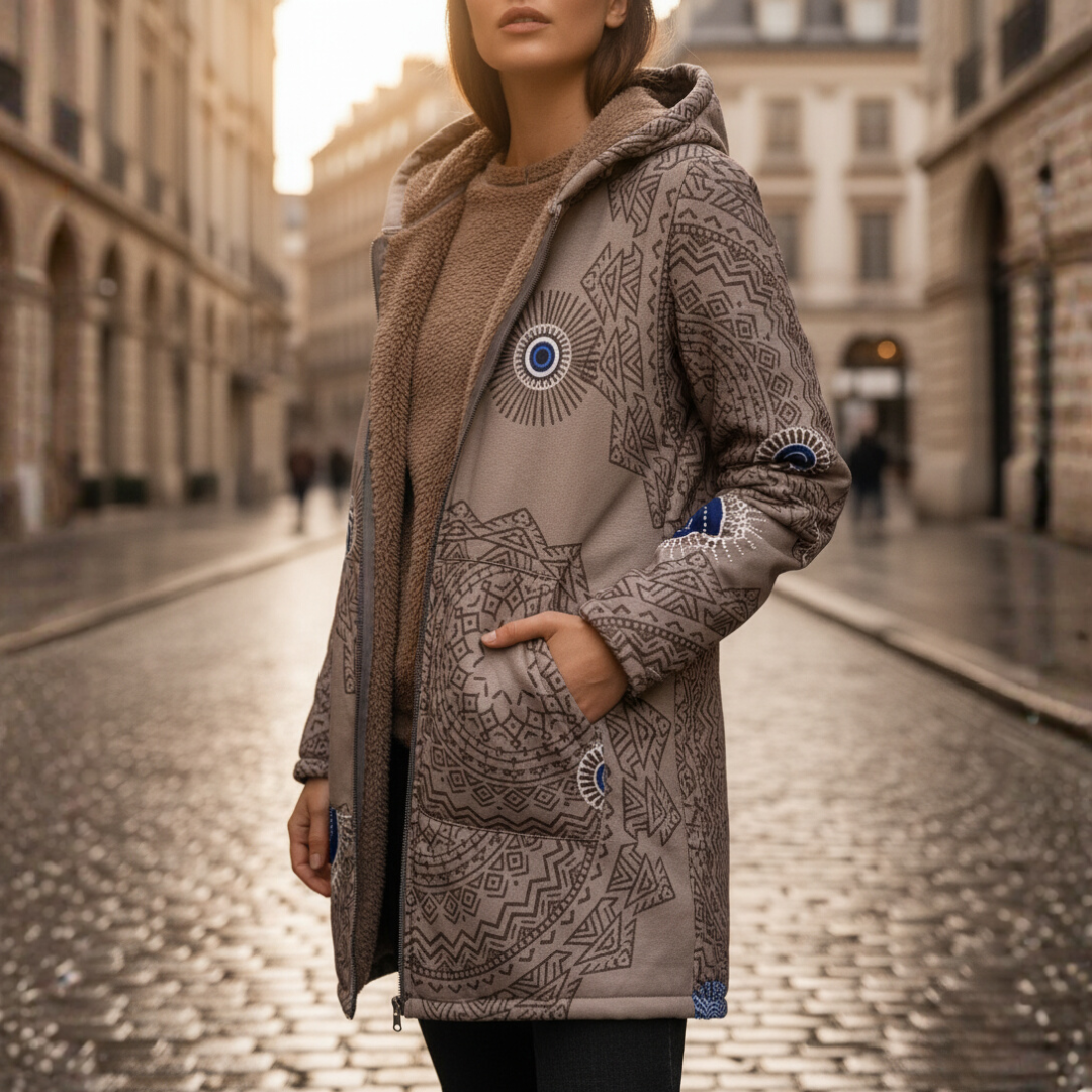 Women's floral hooded winter jacket with warm lining and zip closure, cozy modern fit