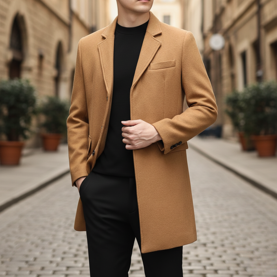 Men's black single-breasted winter coat with notch lapels and two-button closure heavy polyester