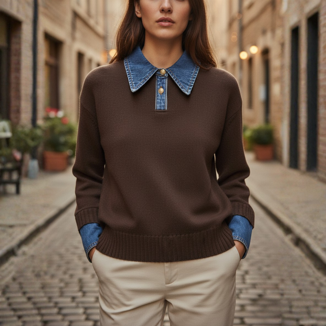 Women's casual knit sweater with denim collar and cuffs, soft polyester, relaxed everyday fit