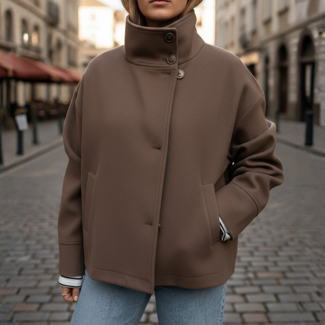 Brown women's elegant coat high collar button closure polyester versatile office casual slim fit