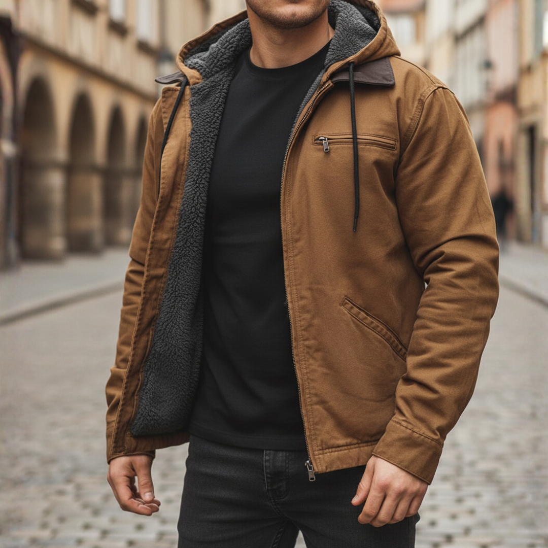 Men's winter jacket in neutral tones with soft inner fur lining, durable cold-weather outerwear