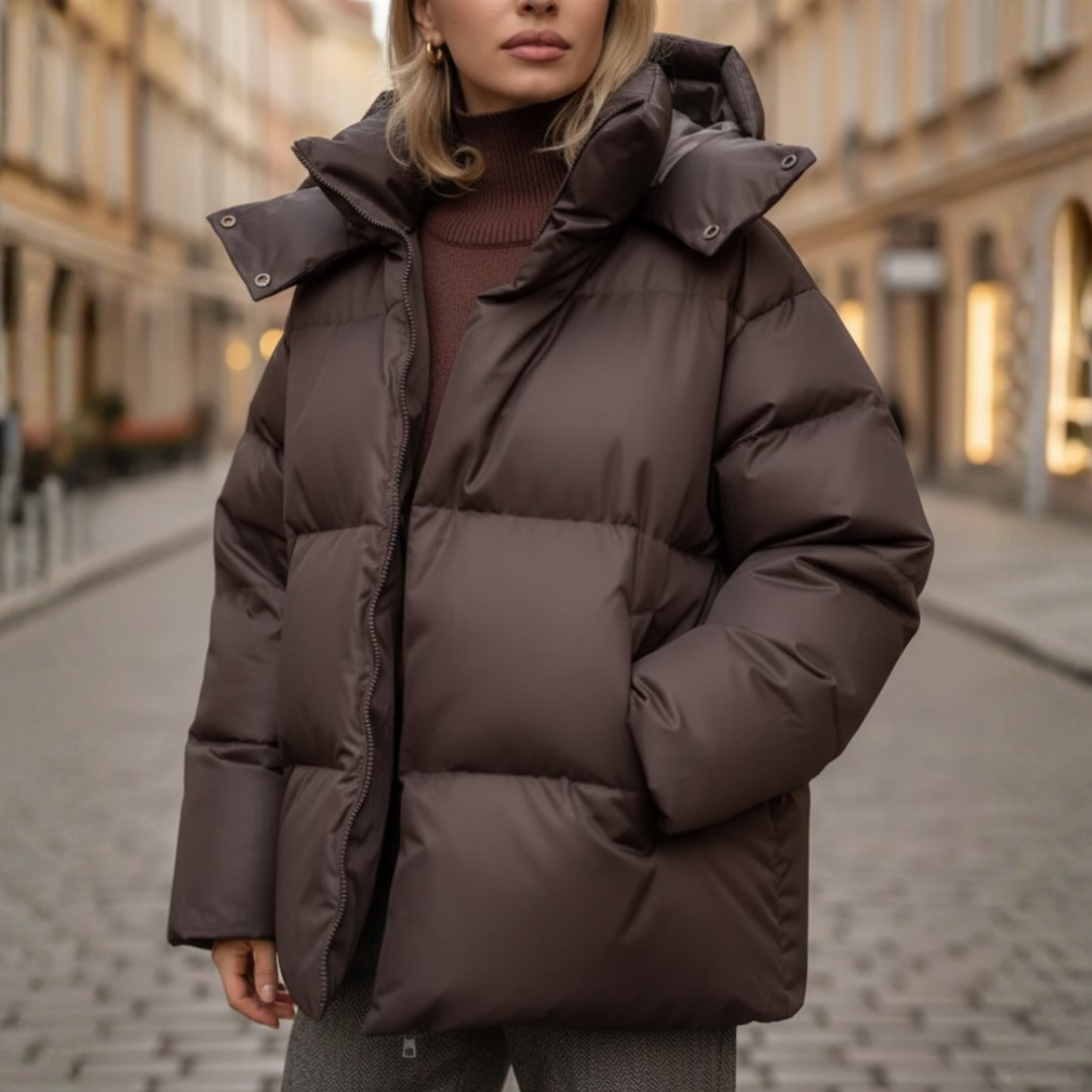 Women's black padded polyester parka with hood, cold-weather insulated zip-up coat