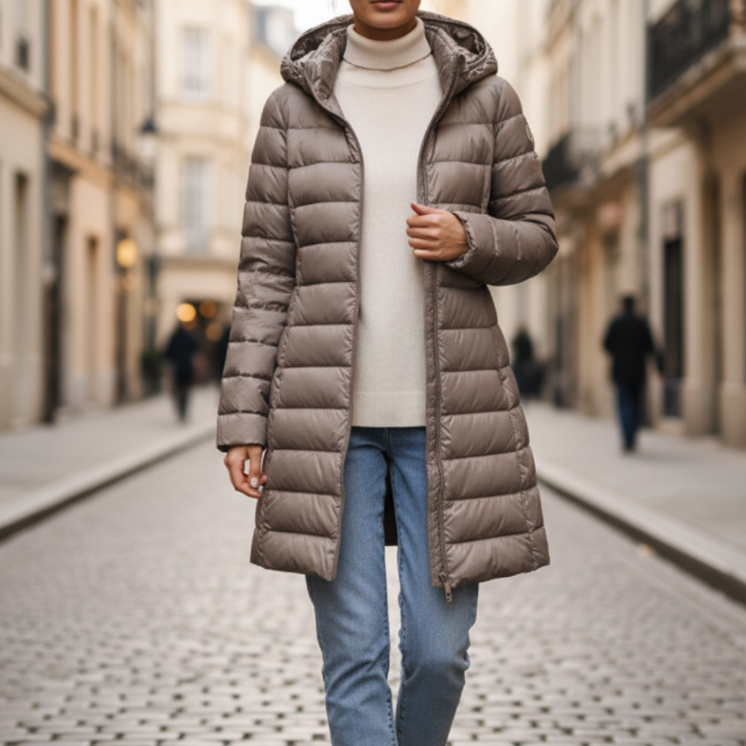 Women's long quilted down jacket with hood, water-resistant winter coat tailored fit