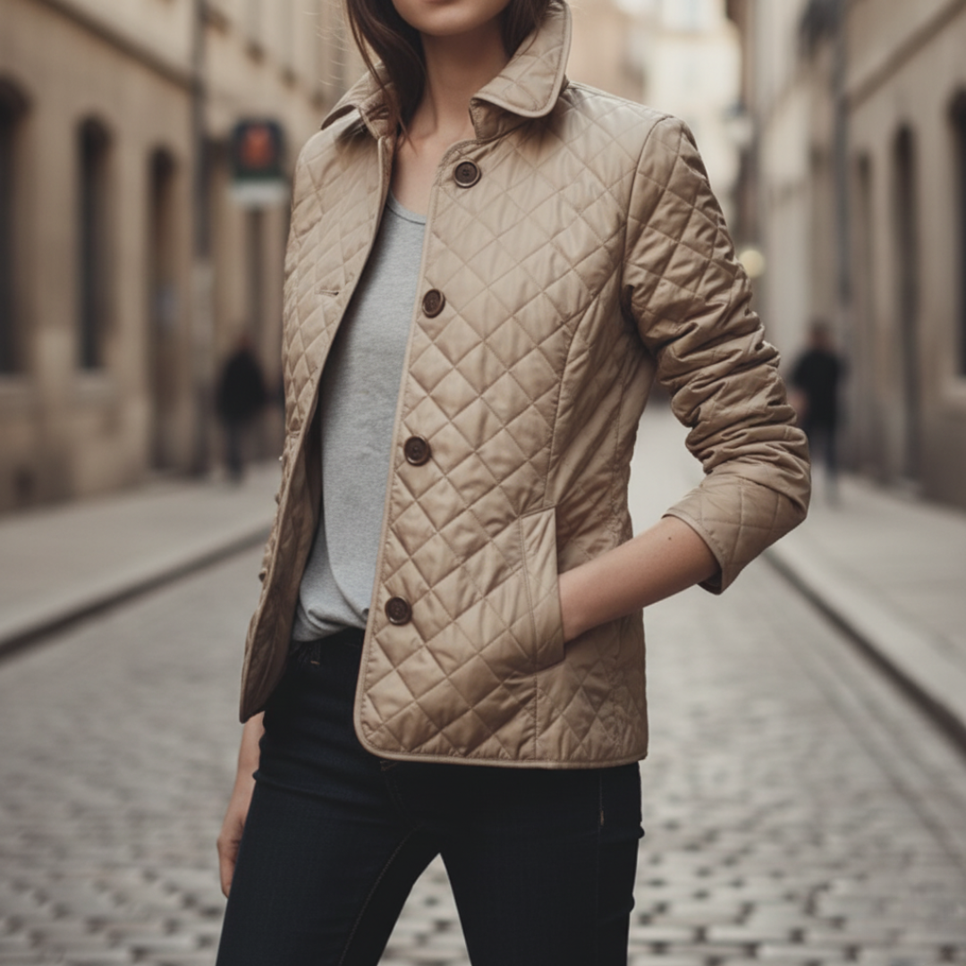 Women's lightweight quilted diamond-pattern jacket with shirt collar and snap button closure