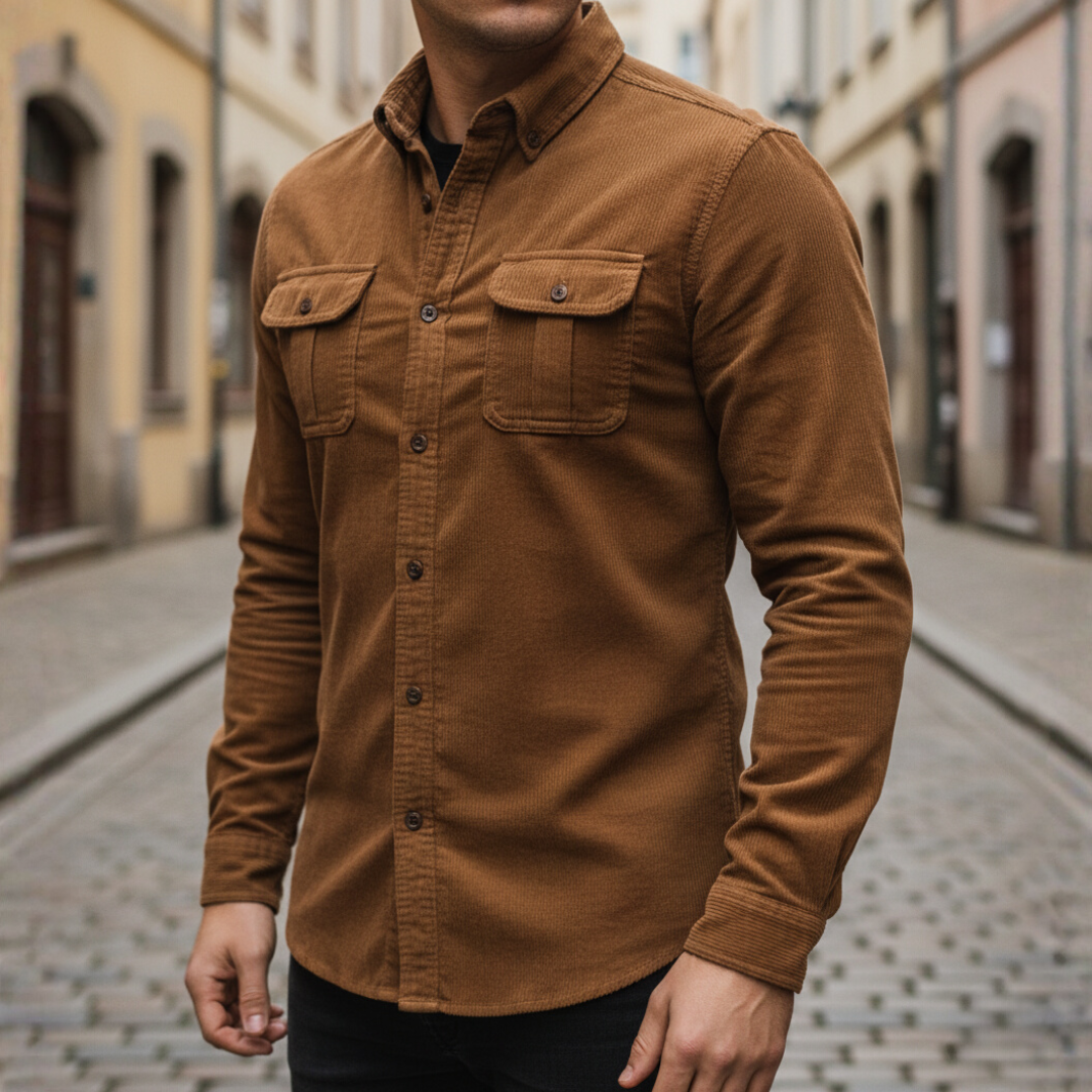 Gray men's polyester casual shirt with two chest pockets, versatile everyday workwear silhouette