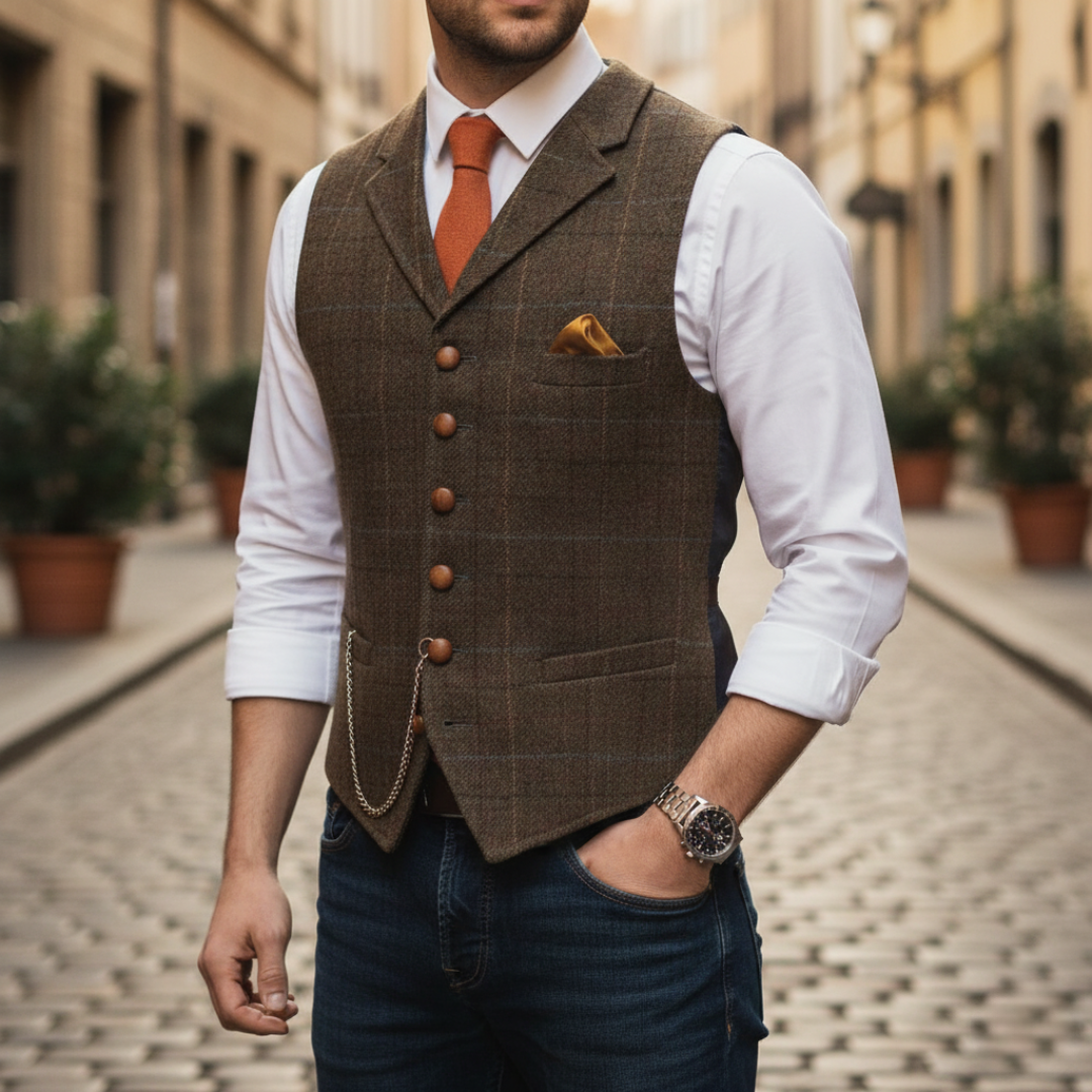 Men's checkered single-breasted formal vest tailored fit with adjustable back buckle
