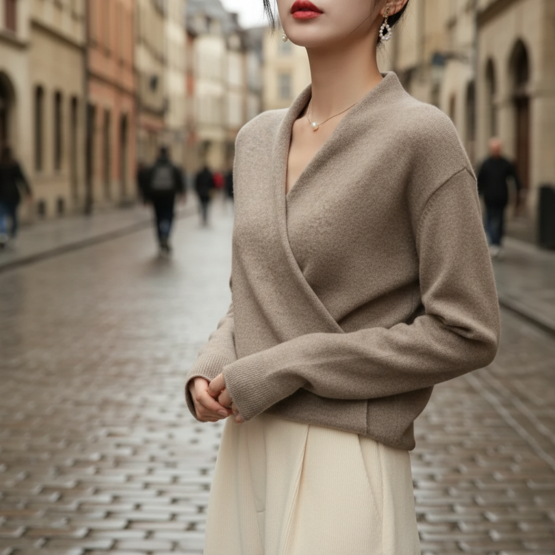 Women's soft polyester V-neck sweater in white, brown, and apricot for casual or dressy looks