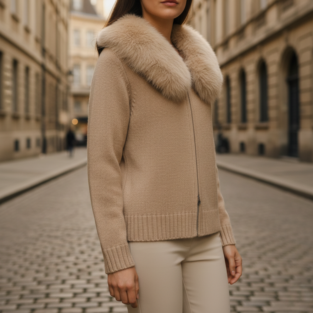 Women's mixed fabric jacket with synthetic fur collar, warm everyday style for cold weather comfort