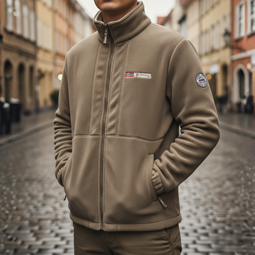 Men's gray fleece zip-up jacket with high collar, soft warm fabric for everyday comfort