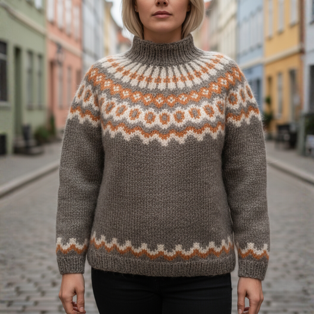 Women's high neck Nordic jacquard knit sweater, cozy warm winter pullover with textured pattern