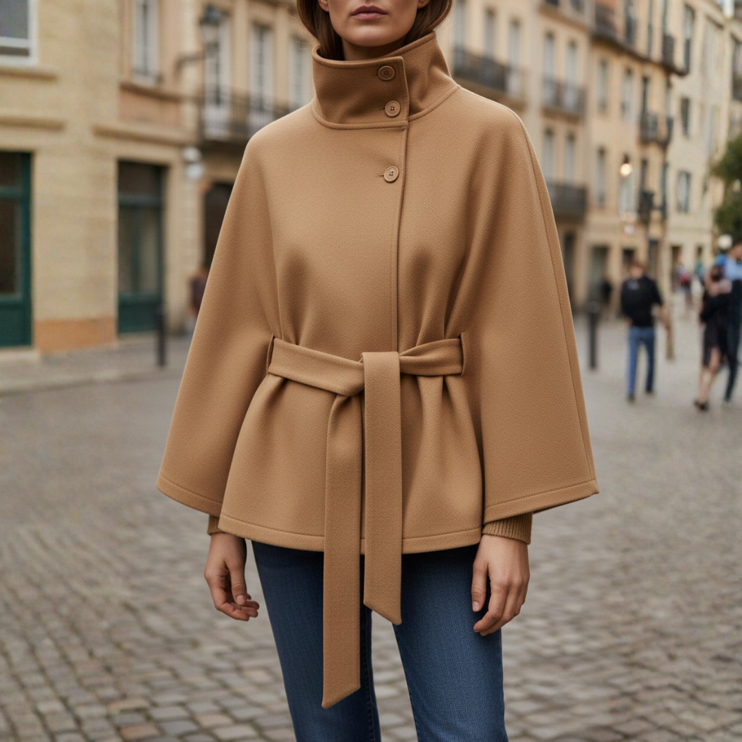 Black women's lightweight polyester coat with high collar and adjustable belt for elegant silhouette