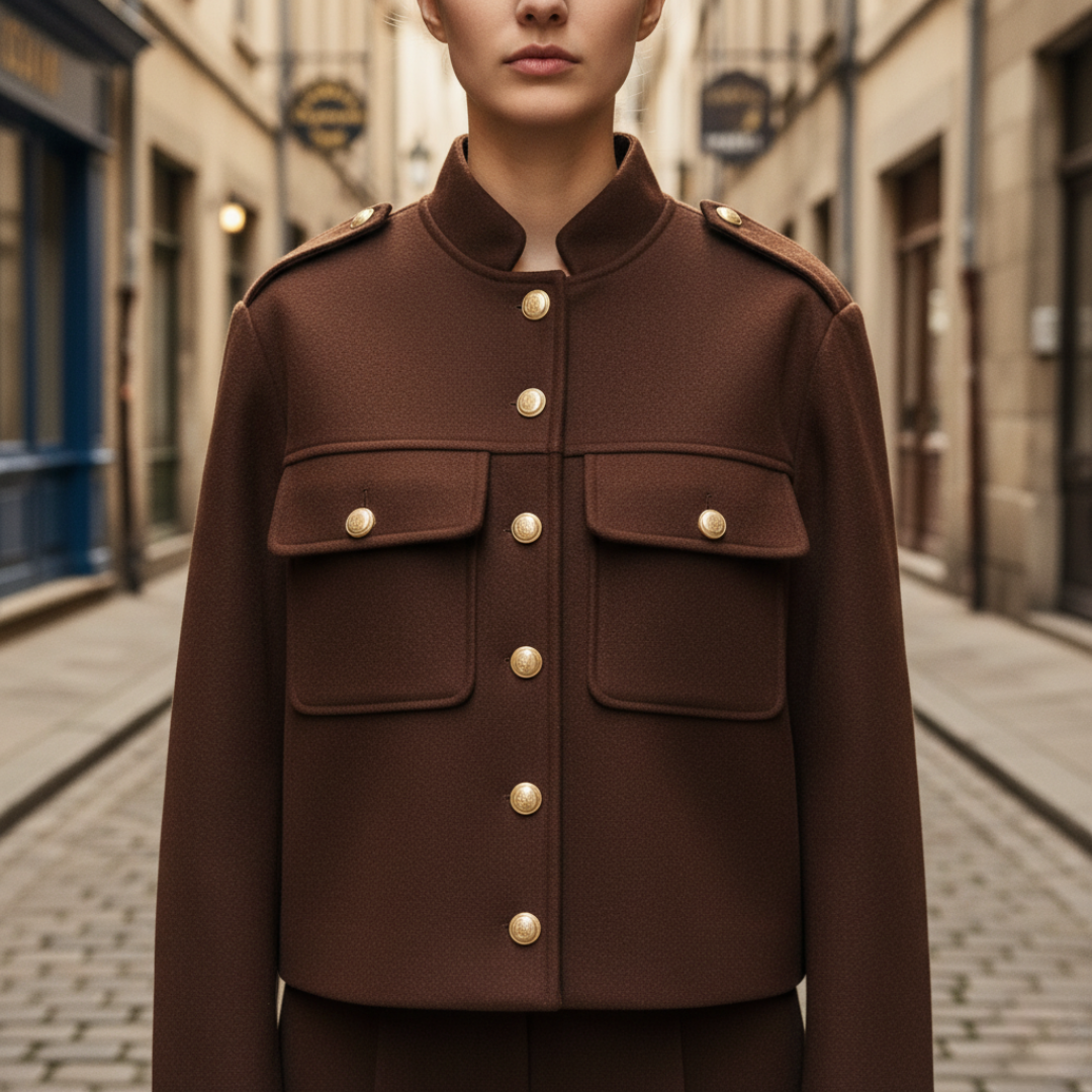 Women's casual chic high collar polyester jacket with golden buttons and front pockets in black
