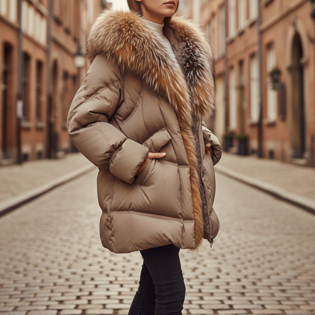 Women's padded down jacket technical fabric light blue puffer coat with wide synthetic fur collar