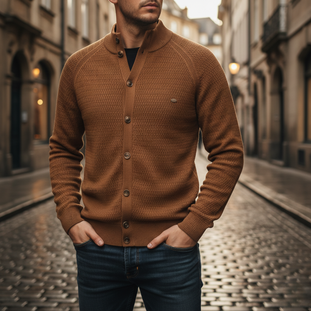 Men's soft yarn button-front cardigan with structured high collar for casual semi-formal layering