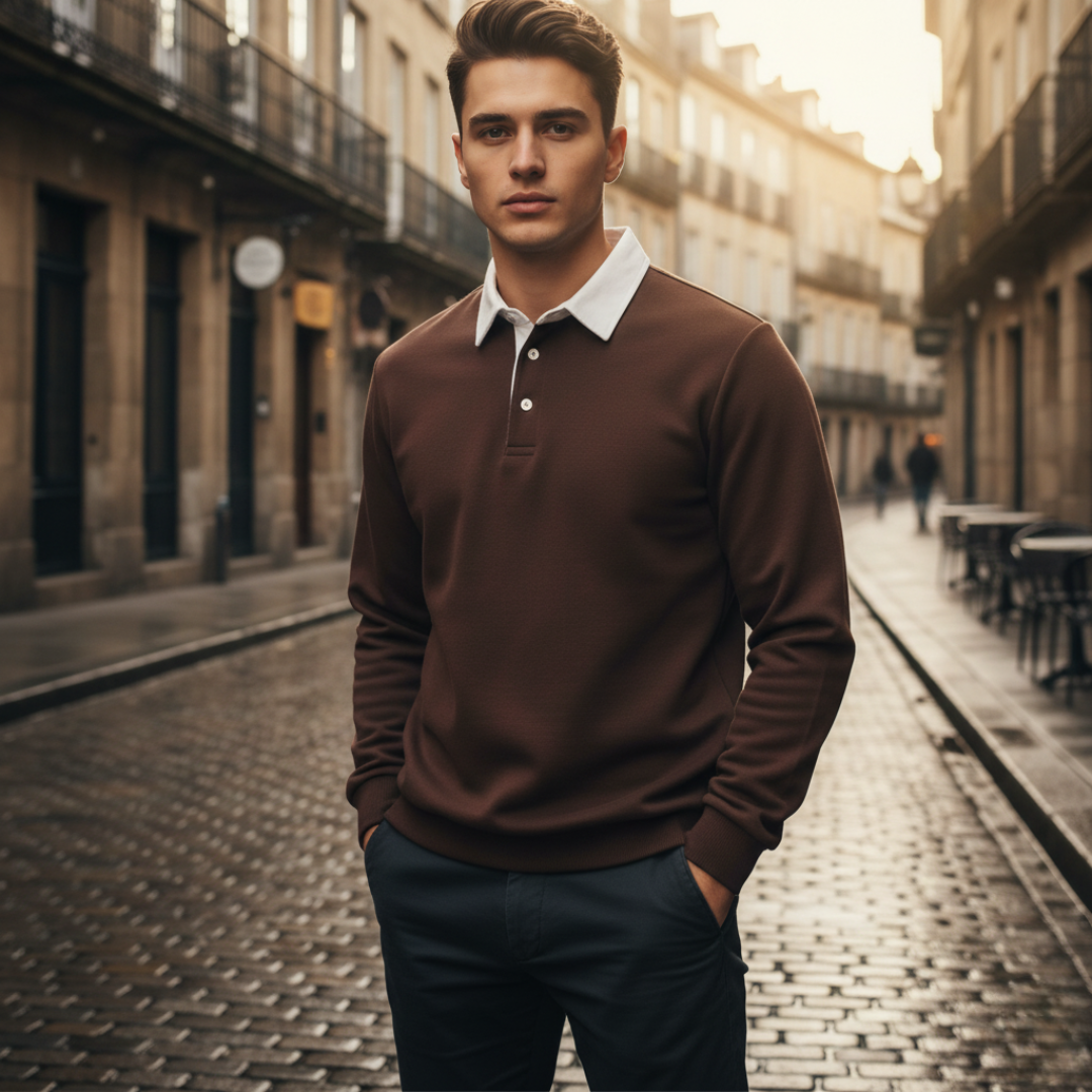 Men's navy polo sweatshirt soft fabric relaxed fit classic collar casual versatile everyday style