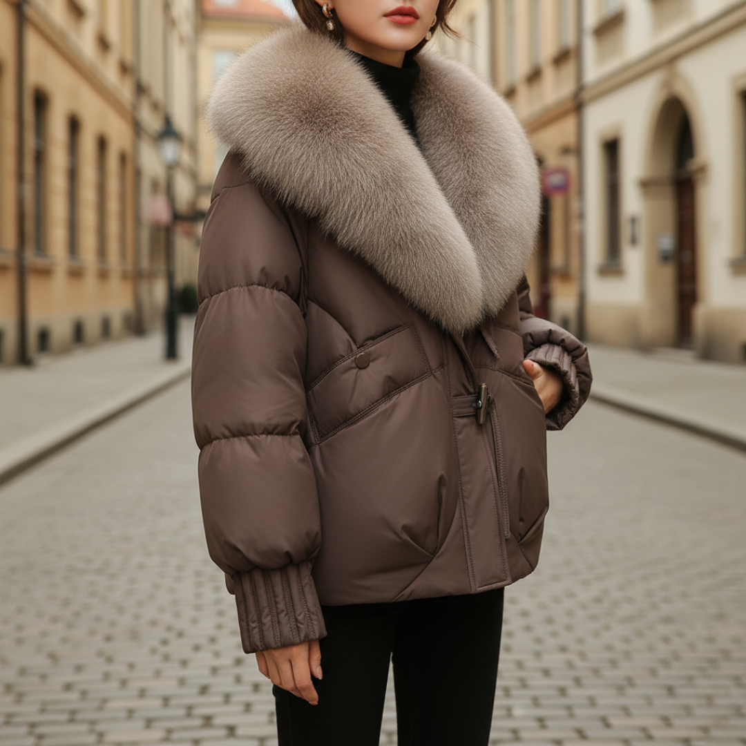 Women's short quilted down jacket with faux fur collar, zip closure, adjustable waist, warm winter fit