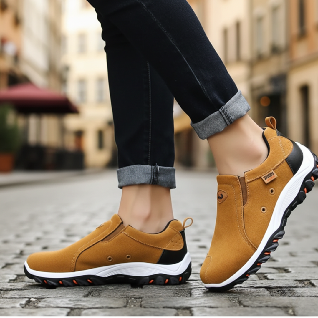 Men's laceless slip-on sports shoes in neutral tones, cushioned sole for daily walking and casual fitness