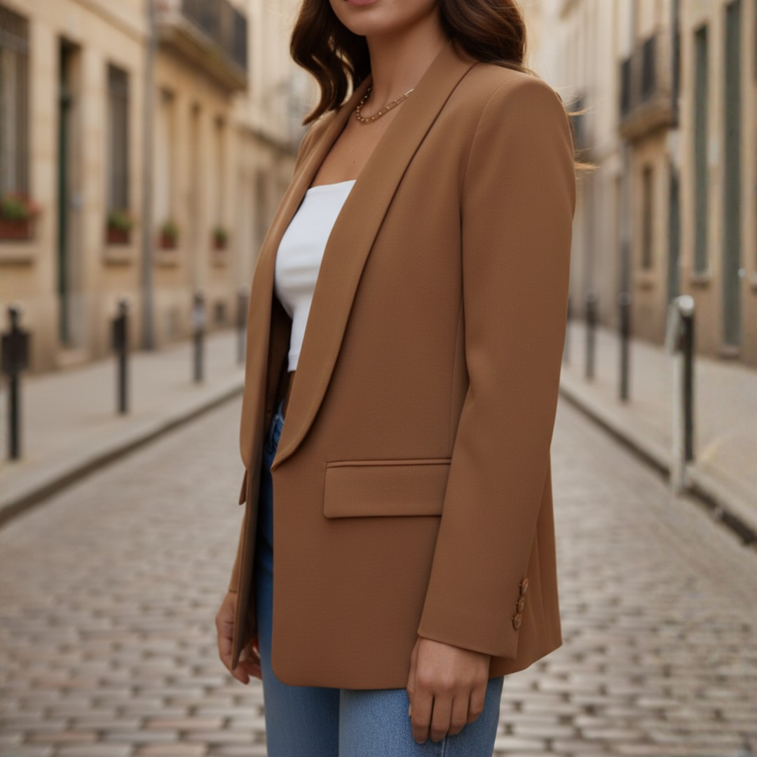Beige women's stretch jacket with pockets, long sleeves, slim modern cut for versatile everyday wear