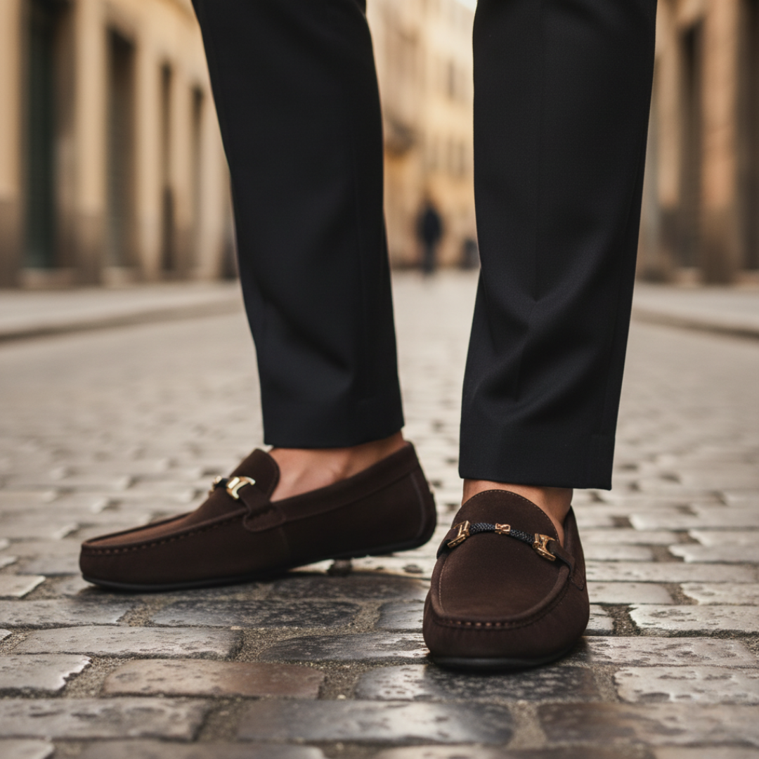 Men's leather moccasins with decorative buckle, available in seven colors, elegant slip-on loafers for daily wear