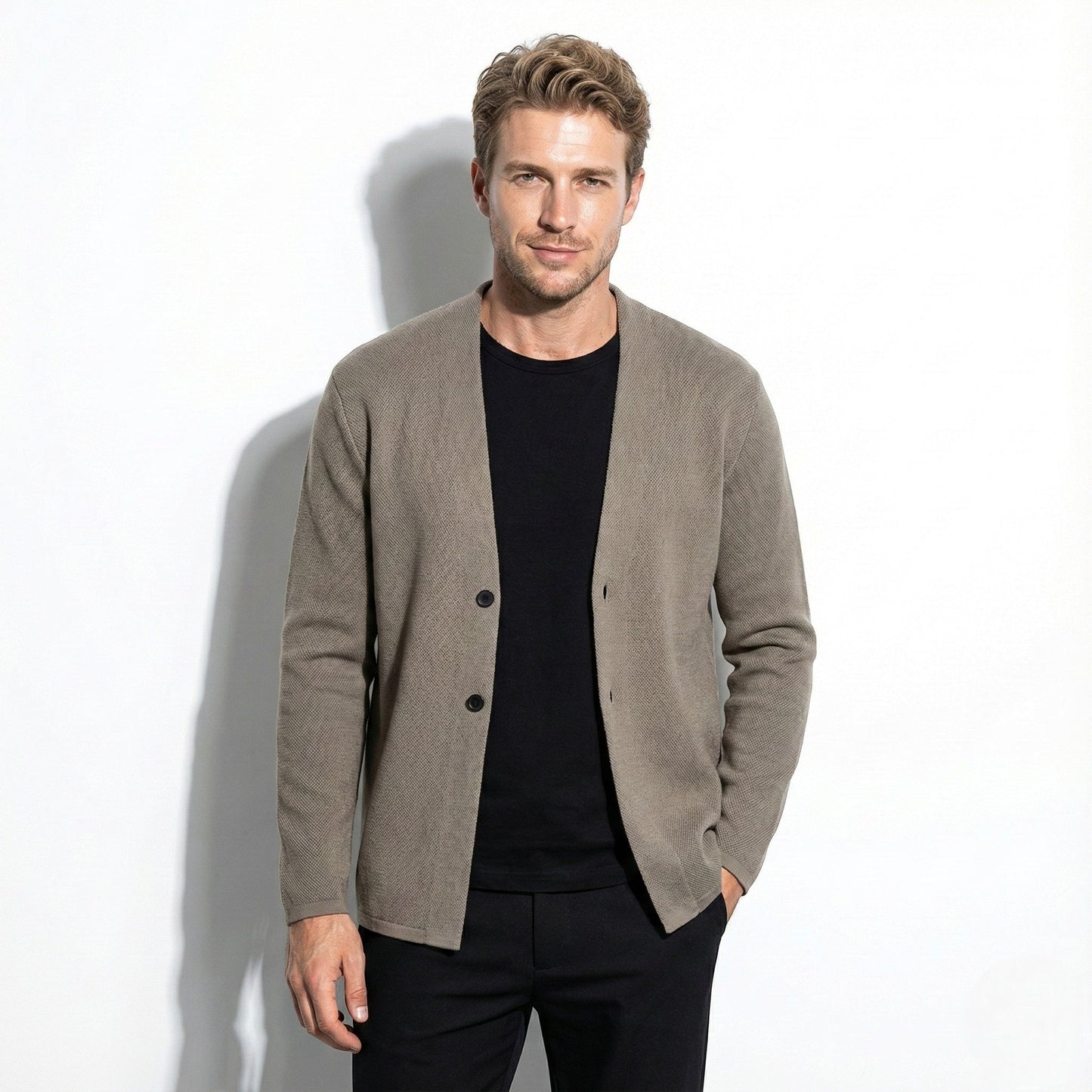 Men's slim-fit wool cardigan with button placket in neutral tone for office and weekend wear