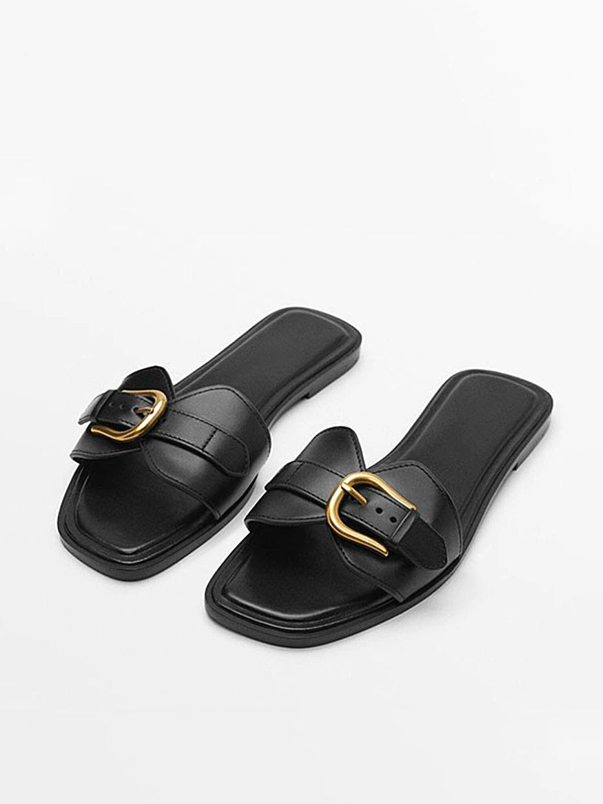 TrendAura women's leather slide sandals two-strap design with metallic gold buckle accent