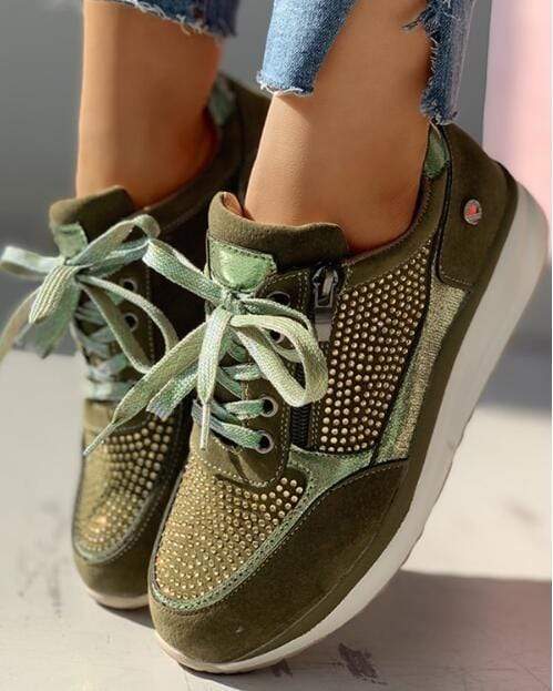 Women's suede orthopedic wedge sneakers with subtle lift, sparkle detail, casual everyday style