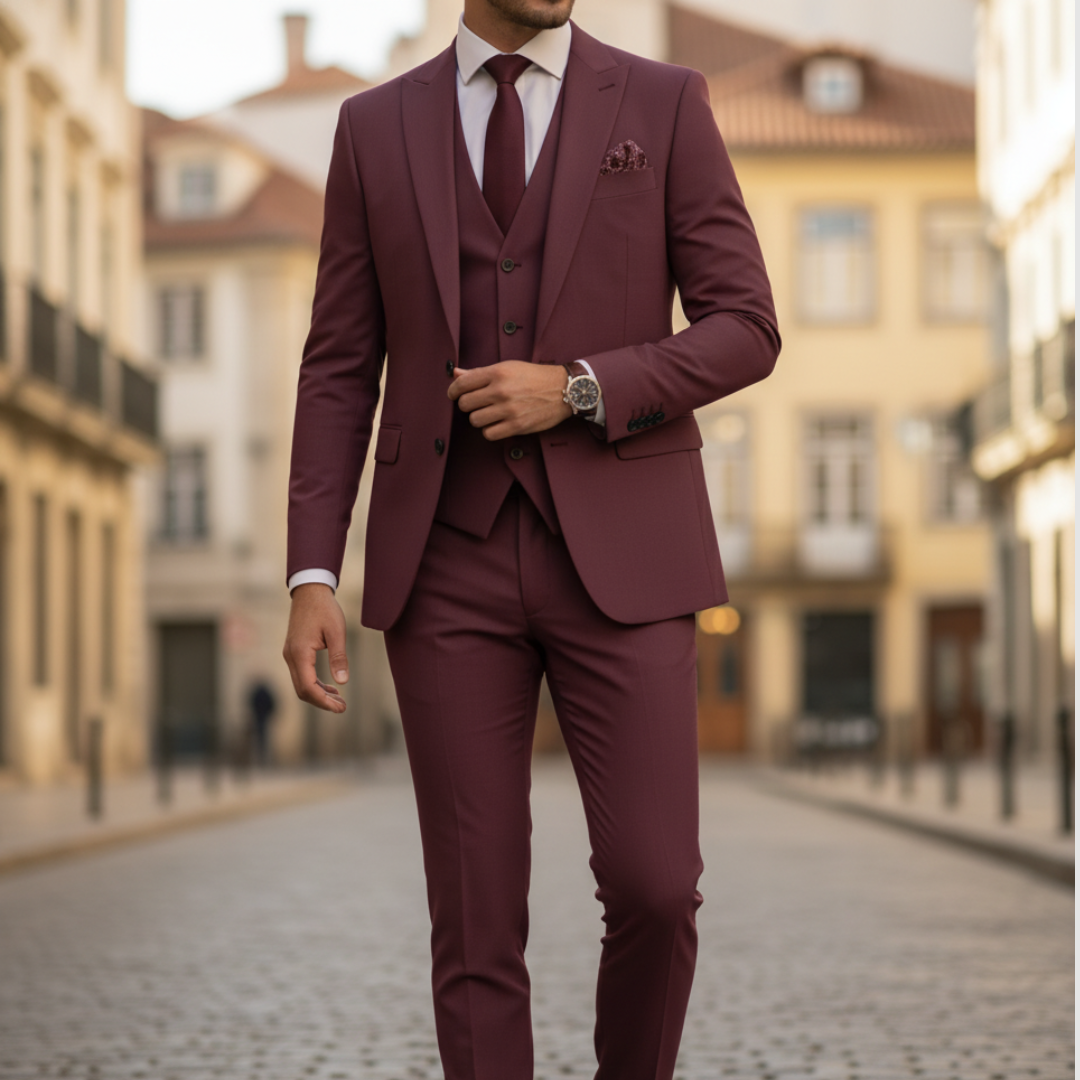 Men's slim fit two-piece suit set in classic black, navy, or grey for formal events and weddings