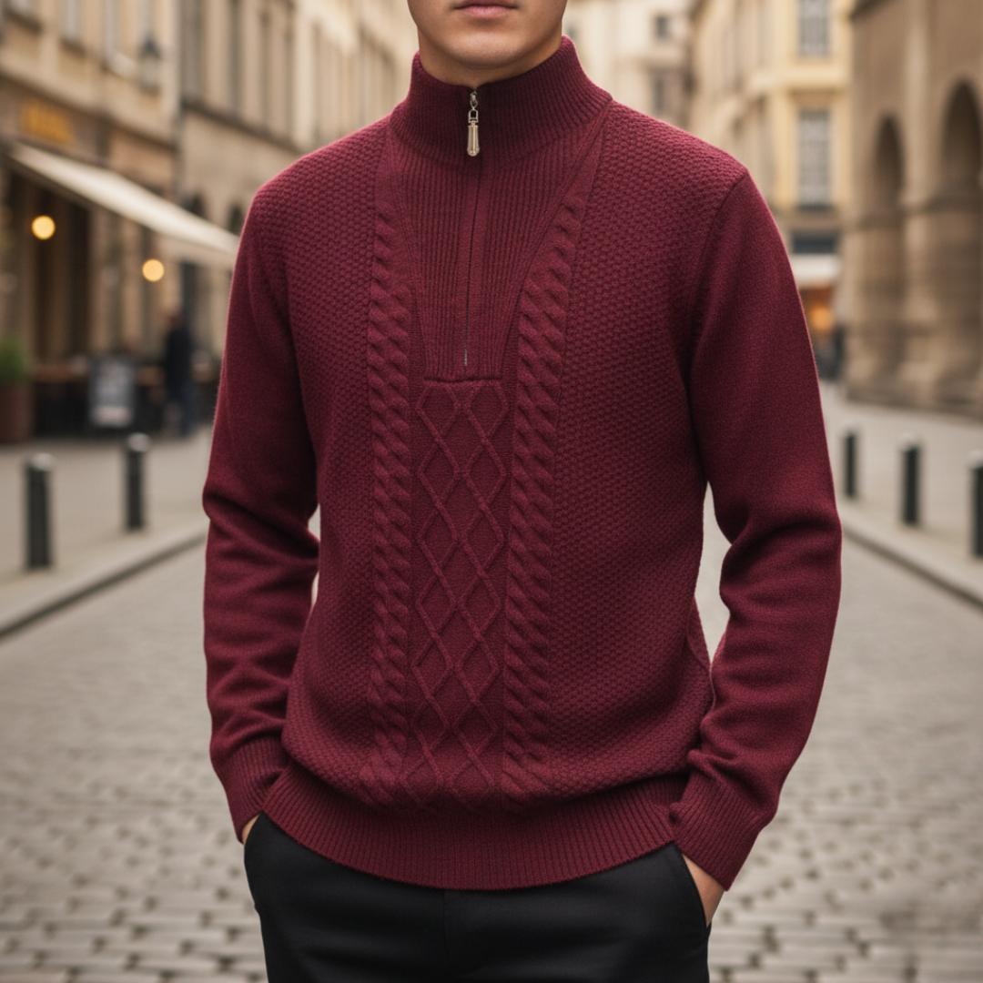 Men's beige half-zip knit sweater with textured design, casual slim fit for everyday warmth