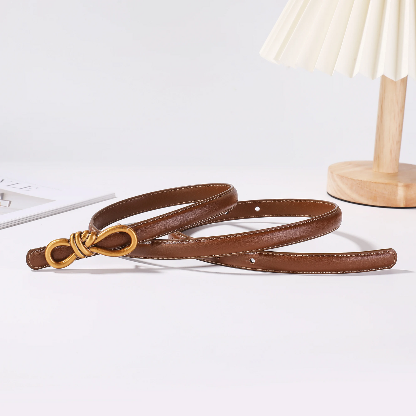 Women's genuine leather belt brown adjustable one size with gold knot buckle accent