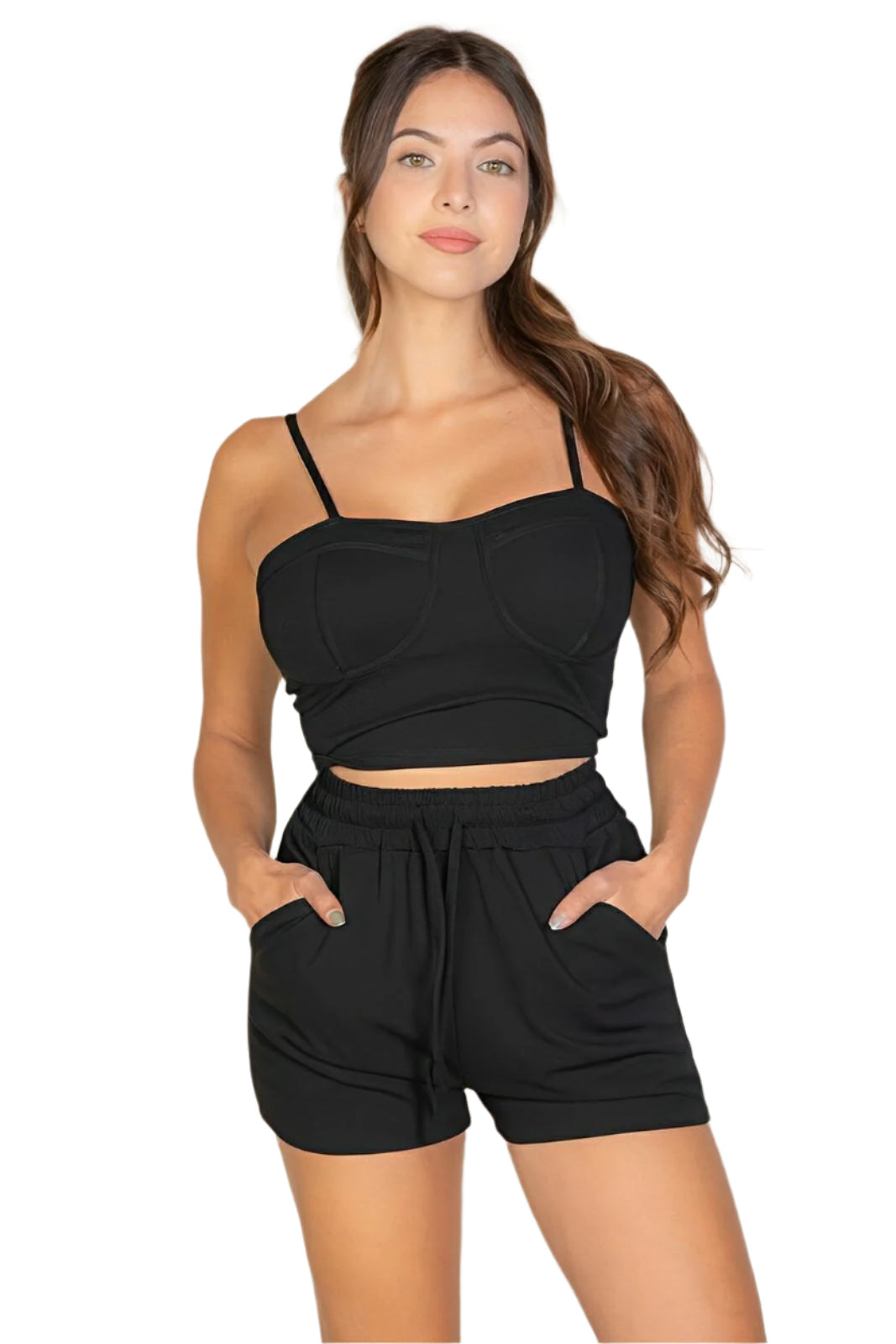 Women's bustier cami top and wide-leg shorts set, breathable two-piece matching outfit with slant pockets