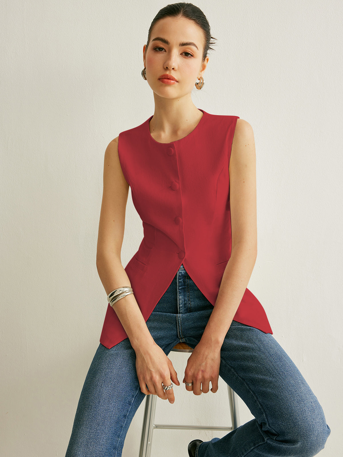 Women's sleeveless vest with button detail, casual workwear linen blend, clean minimalist silhouette
