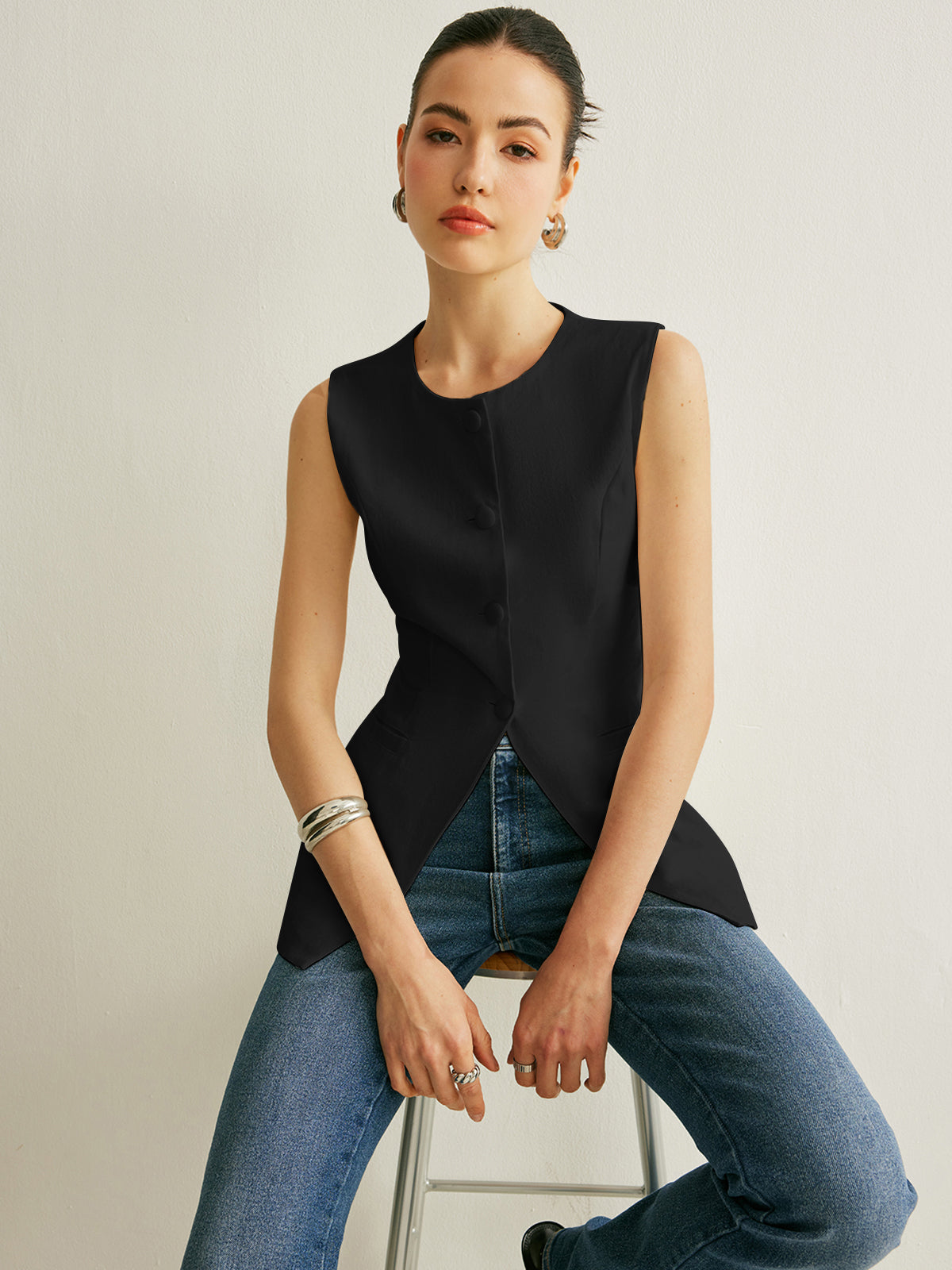 Women's sleeveless vest with button detail, casual workwear linen blend, clean minimalist silhouette