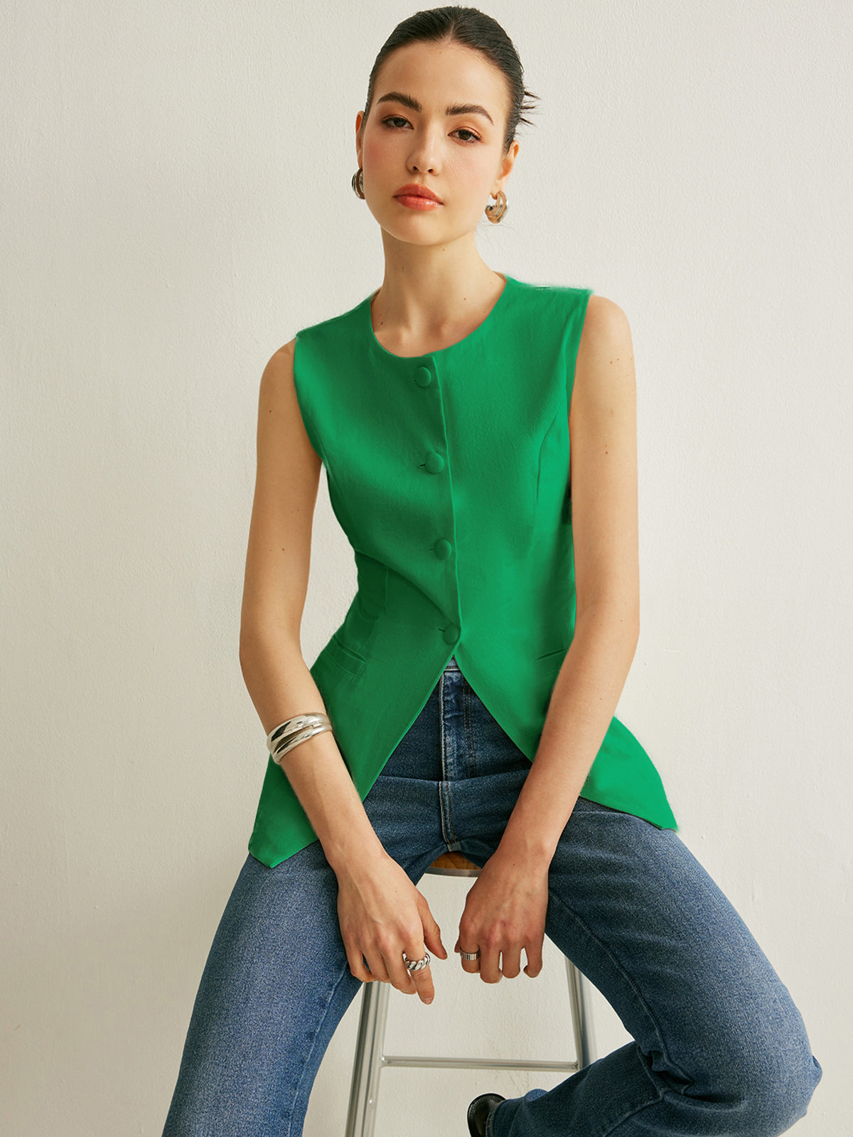 Women's sleeveless vest with button detail, casual workwear style, cotton linen blend, clean silhouette