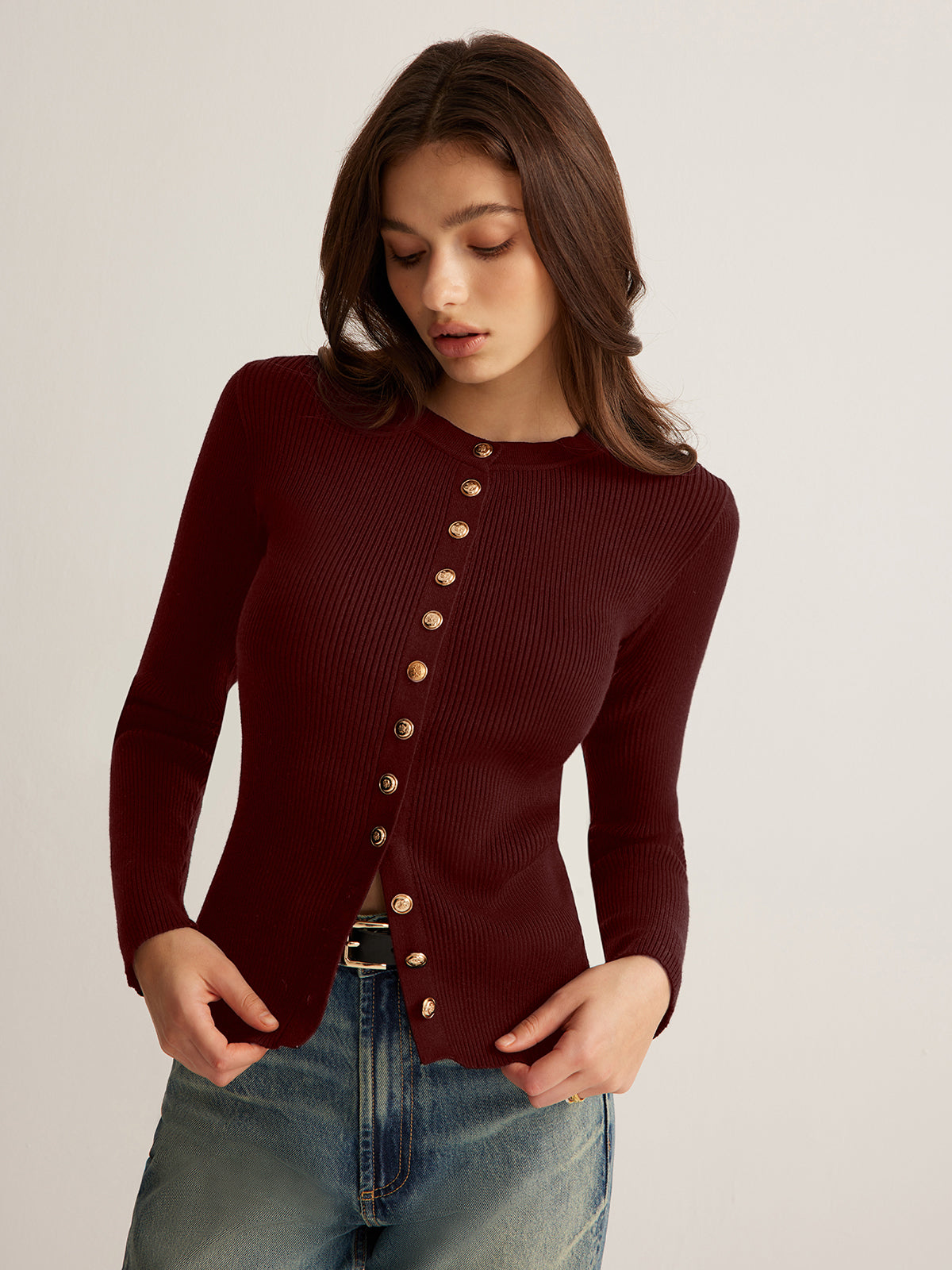 Women's slim fit button-down knit top in elegant polyester with refined button-front styling