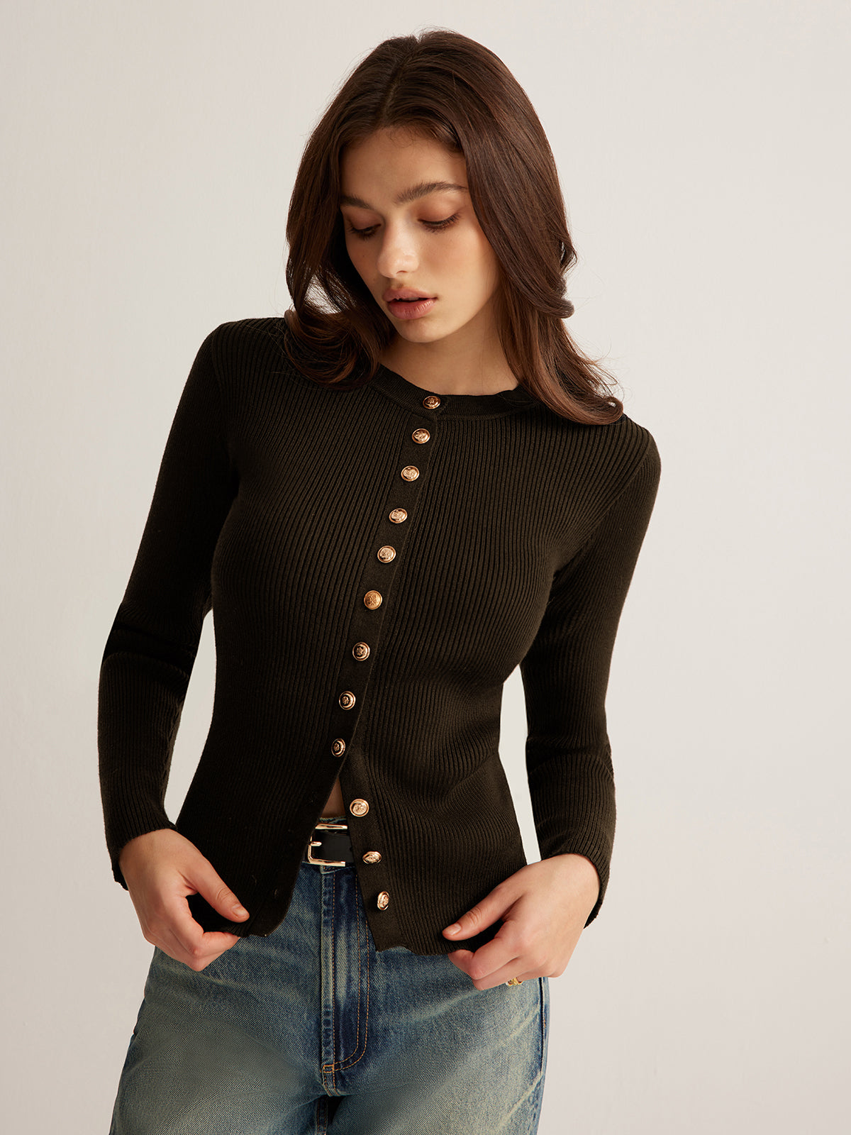 Women's slim fit button-down knit top in elegant polyester with refined button-front styling