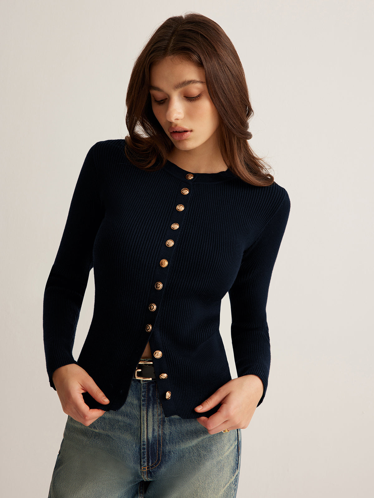 Women's slim fit button-down knit top in versatile polyester with elegant button-front styling