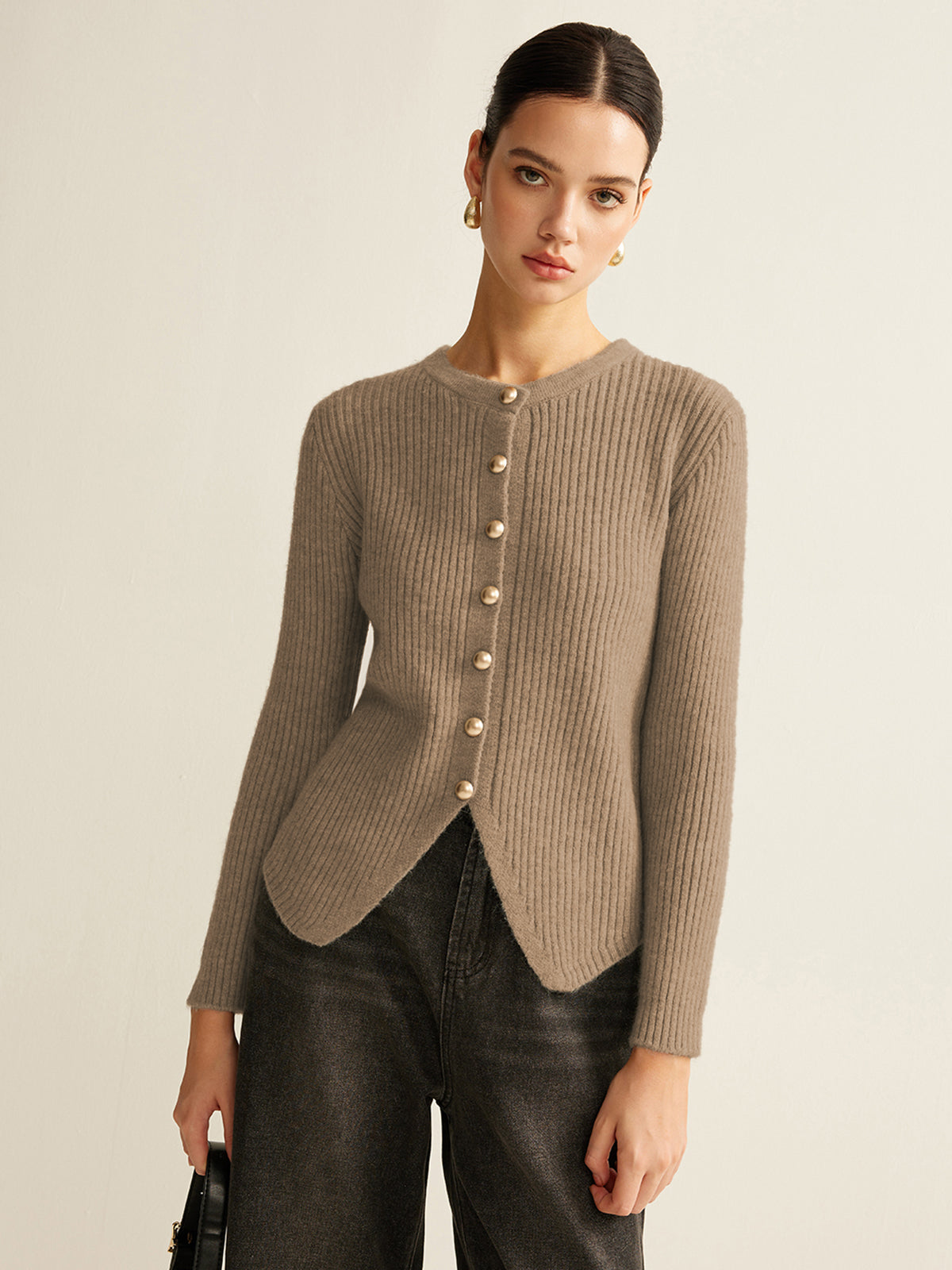 Women's button-down split cardigan office wear regular fit knit layer with elegant front placket