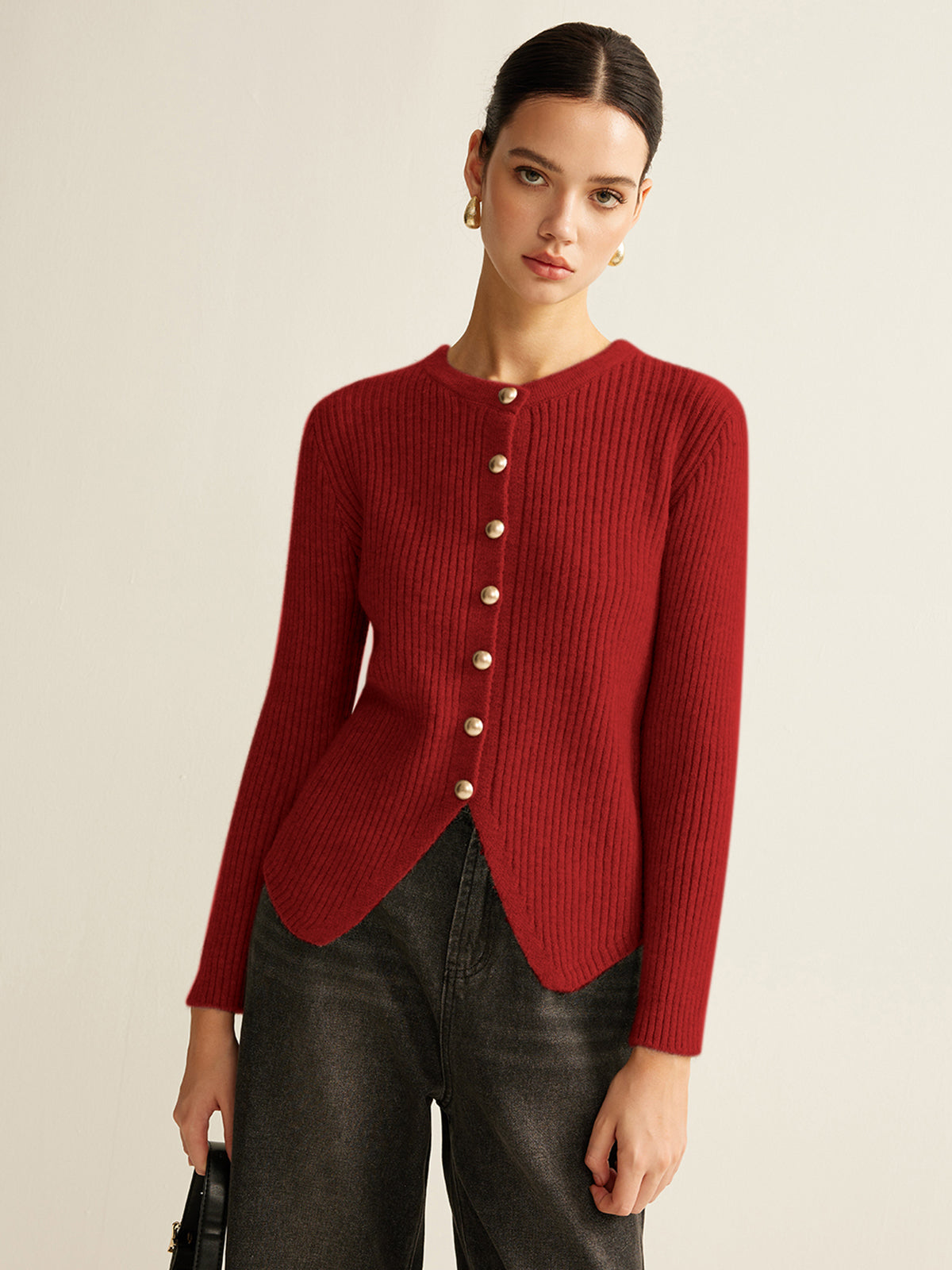 Women's button-down split cardigan office wear regular fit medium stretch knit layering piece