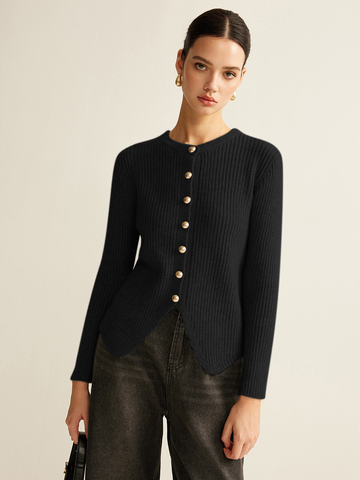 Women's button-down split cardigan regular fit medium stretch knit office wear polished layer