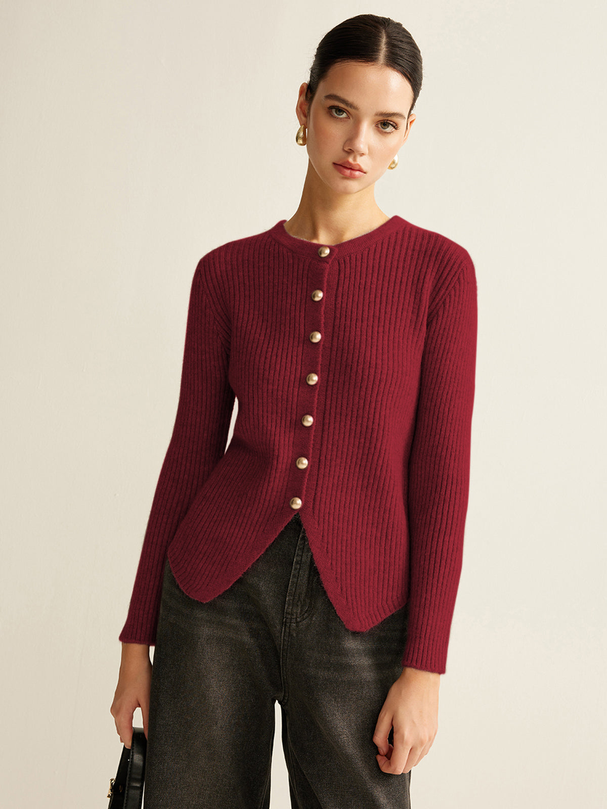 Women's button-down split cardigan regular fit office wear knit layer with front placket