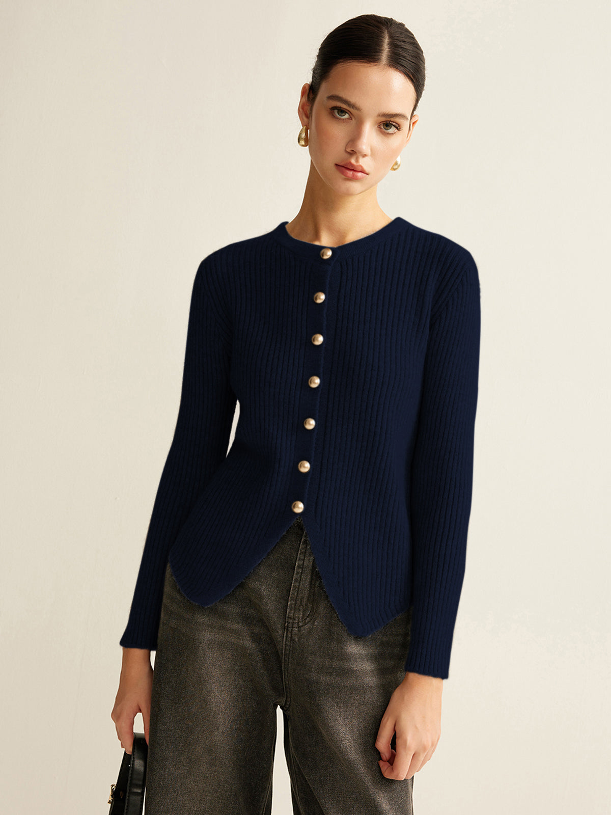 Women's button-down split cardigan regular fit office wear knit layer with front placket