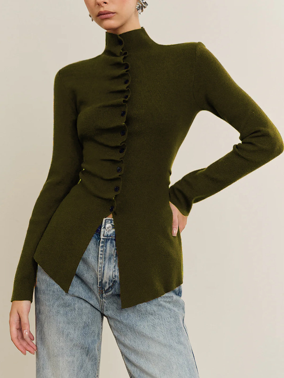 Women's pleated split knit top long sleeve button detail casual elegant versatile style