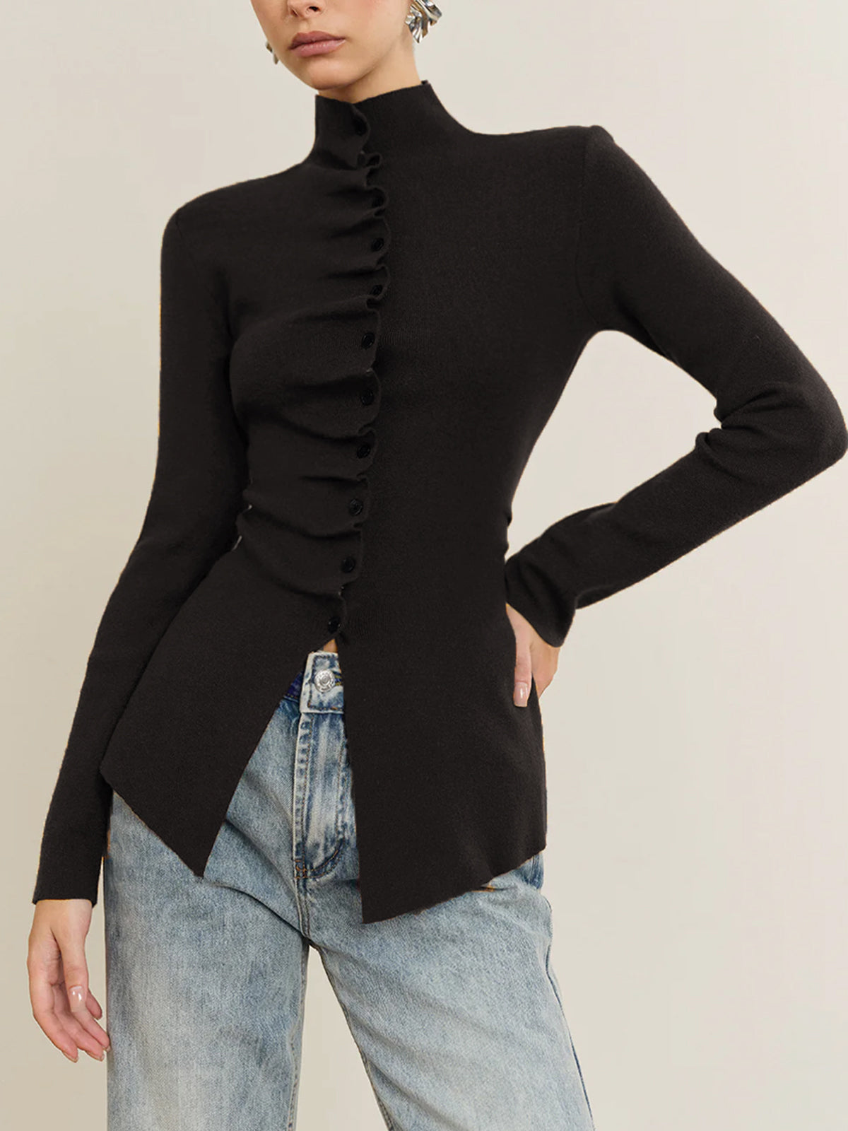 Women's button pleated split knit top long sleeve casual elegant ribbed design