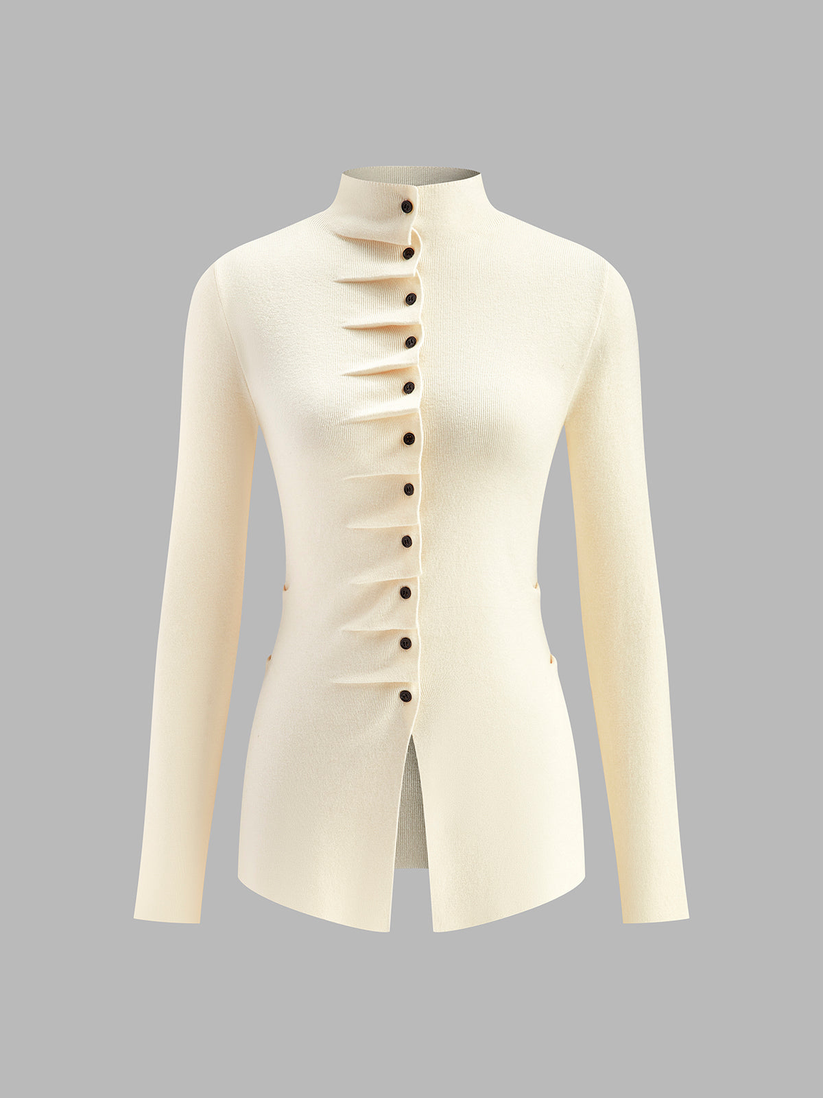 Women's button pleated split knit top long sleeve casual elegant ribbed design