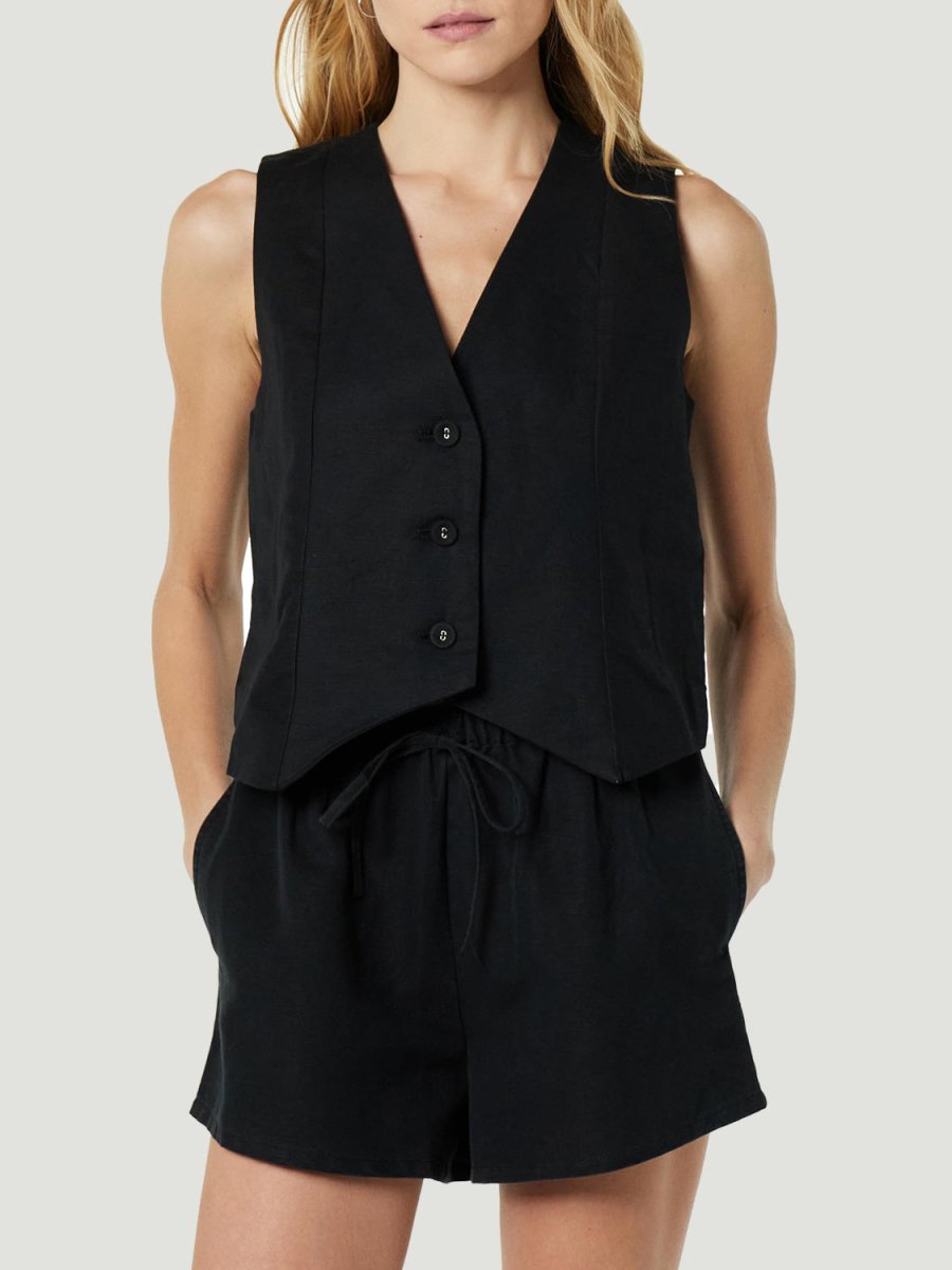 Women's cotton two-piece set V-neck button-up top and pocketed shorts professional casual style